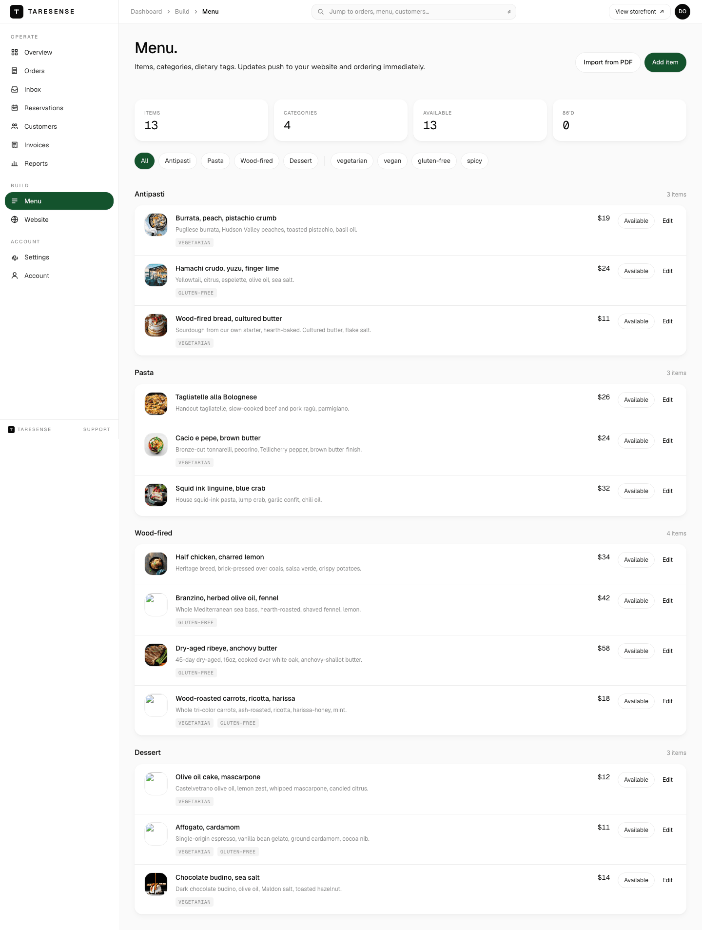 Menu management screen with thirteen items across four categories