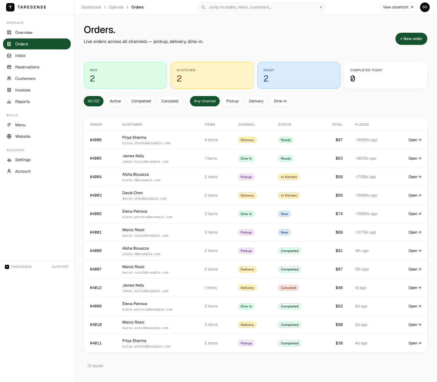 Taresense orders dashboard with active pickup, delivery, and dine-in orders